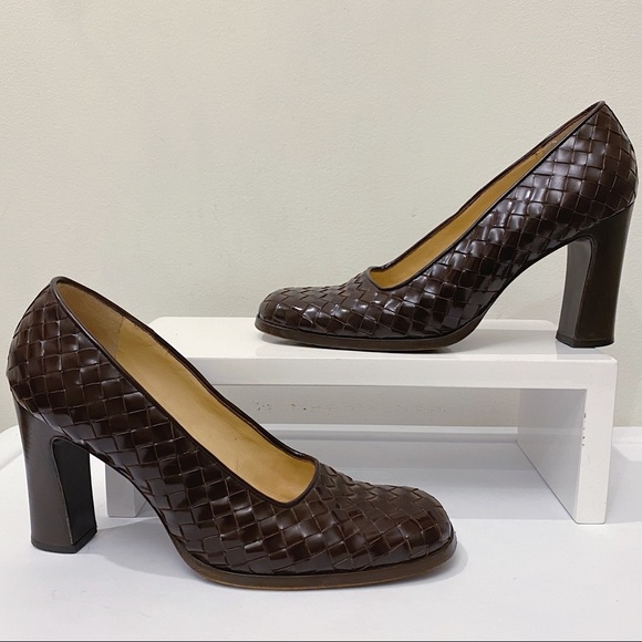Bottega Veneta Vintage Round Toe Interecciato Woven Leather Block Heel Pump 38 8 - Picture 2 of 9